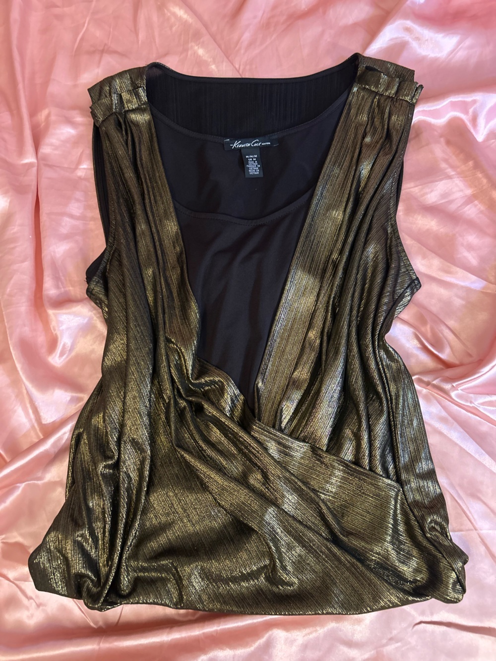 Kenneth Cole Metallic Gold Pleated Draped Sleeveless Top